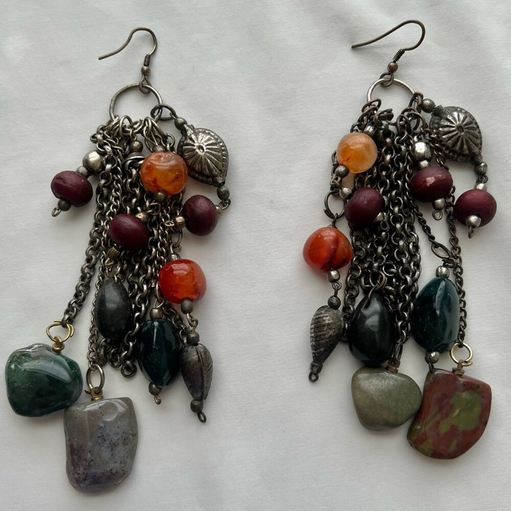 Statement Mixed Gemstone Tumble Long Dangle Fring… - image 1